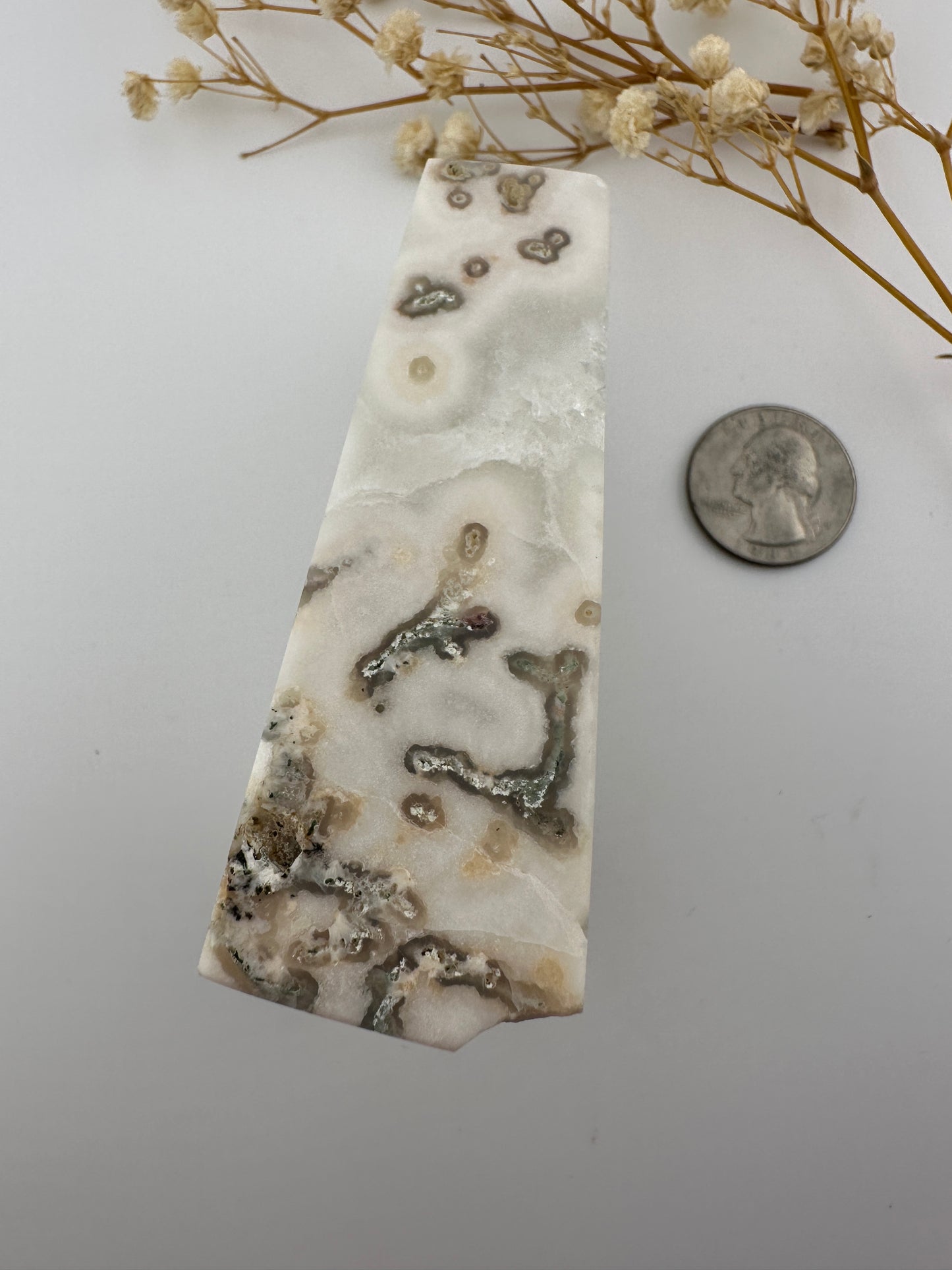 White moss agate druzy tower specimen B