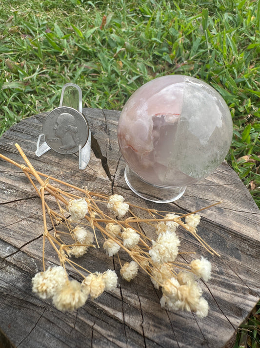 Half clear quartz half flower agate sphere