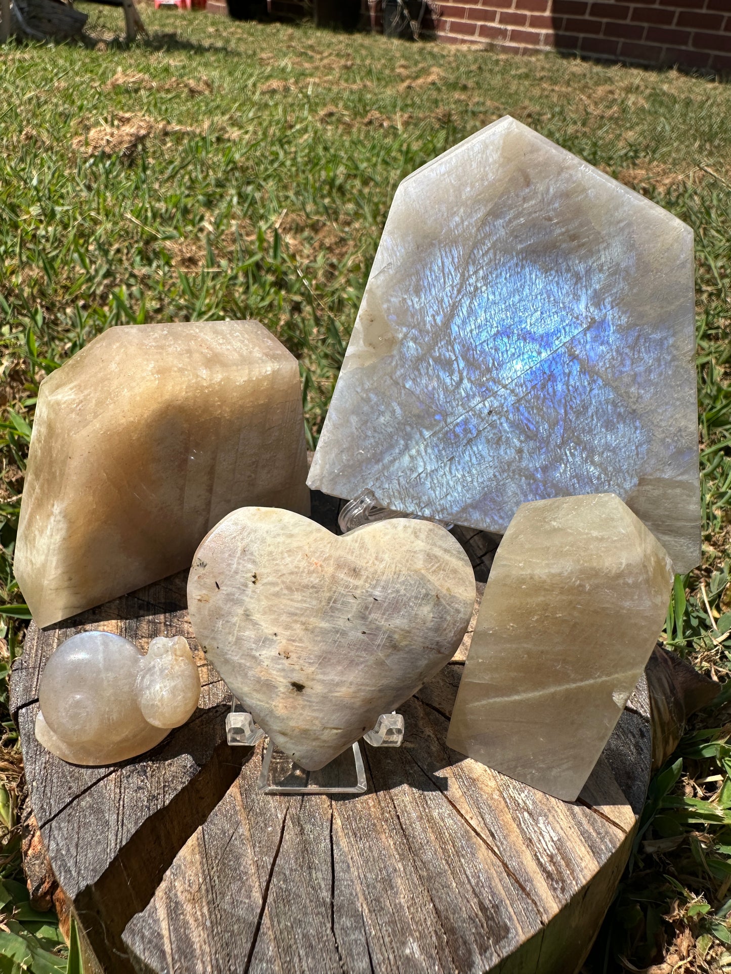 Blue moonstone crystal bundle, blue flash moonstone crystals, moonstone heart, freeform, slab, tower, snail carving