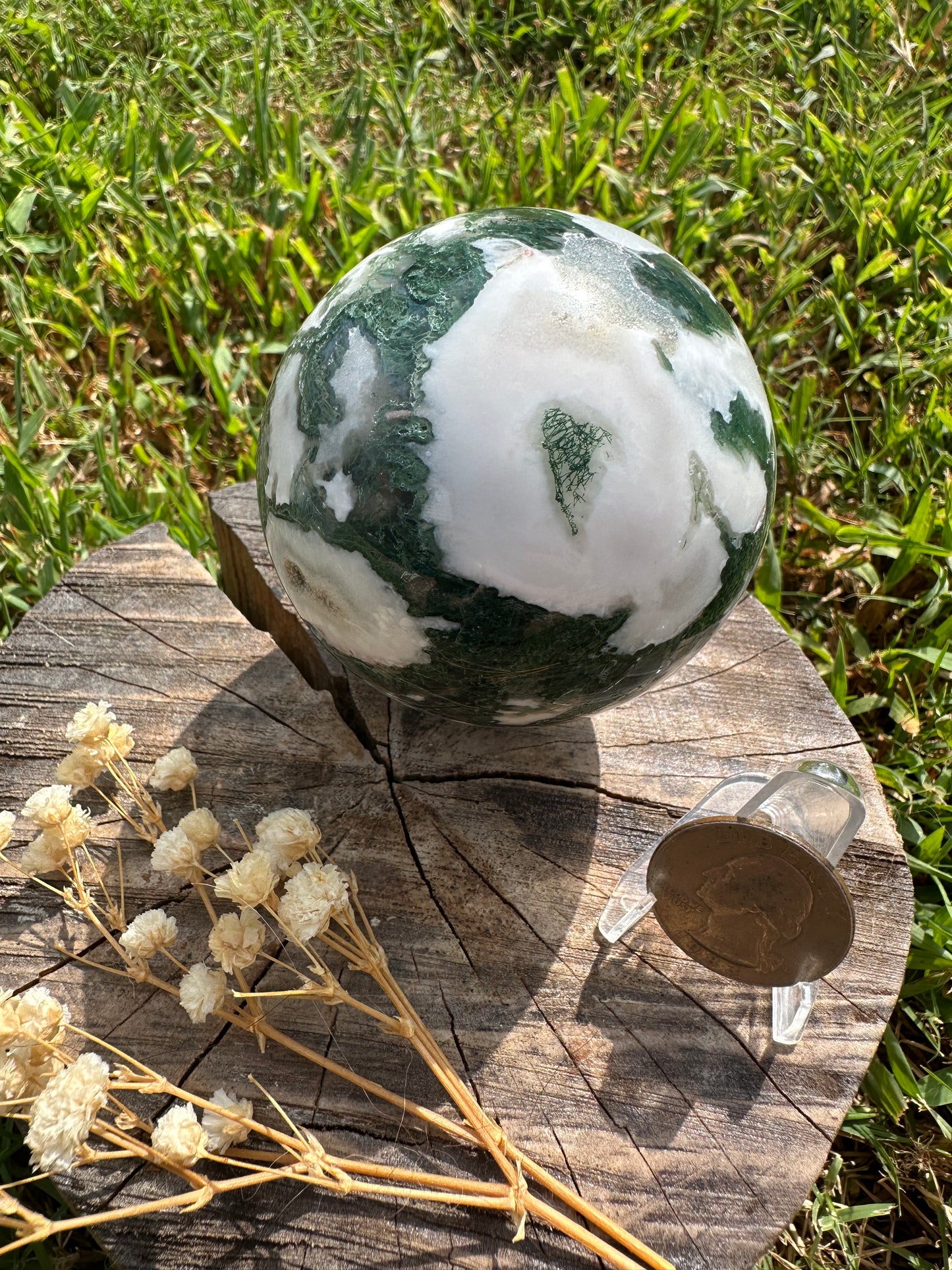 Moss agate sphere with druzy