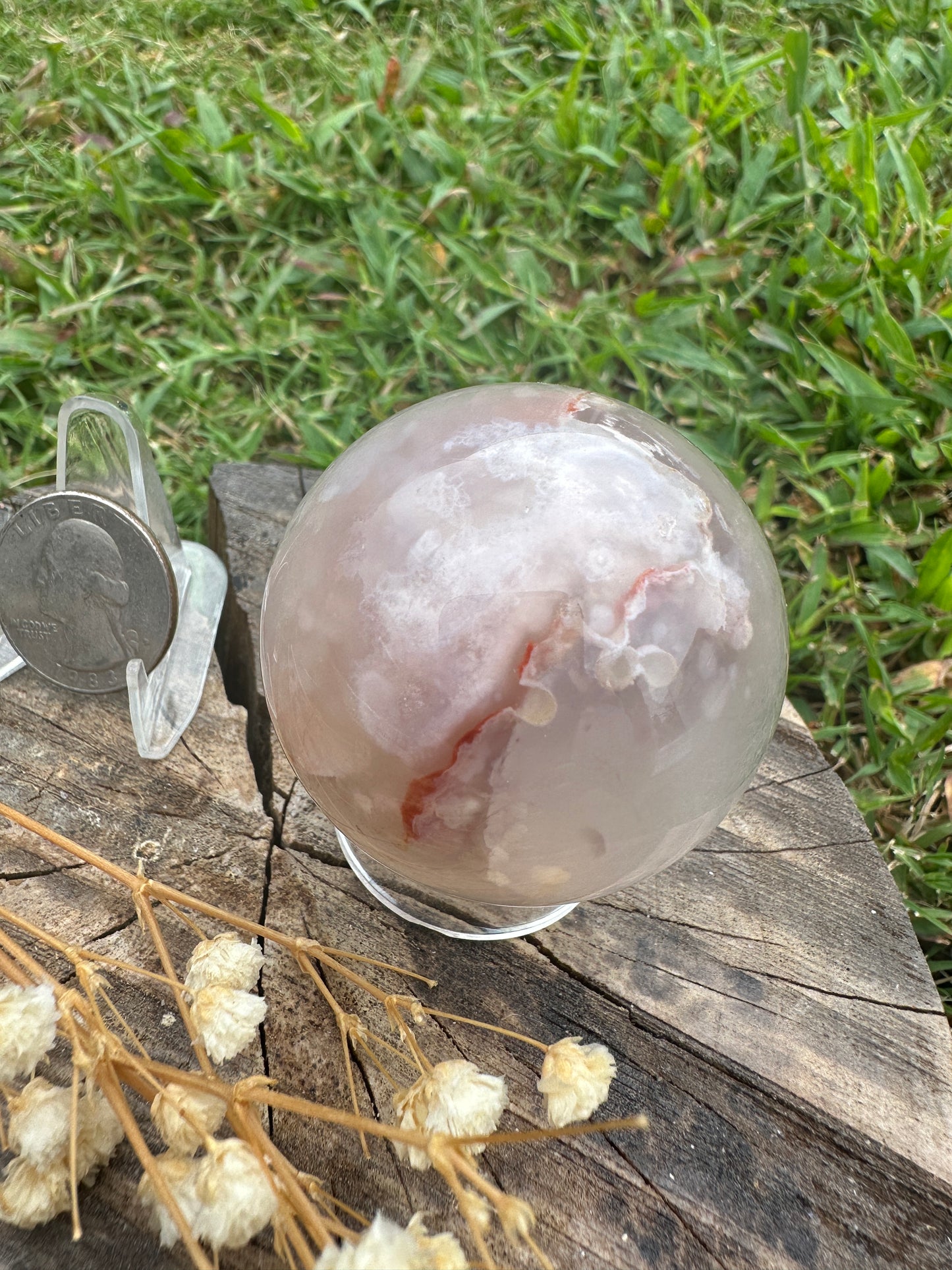 Half clear quartz half flower agate sphere