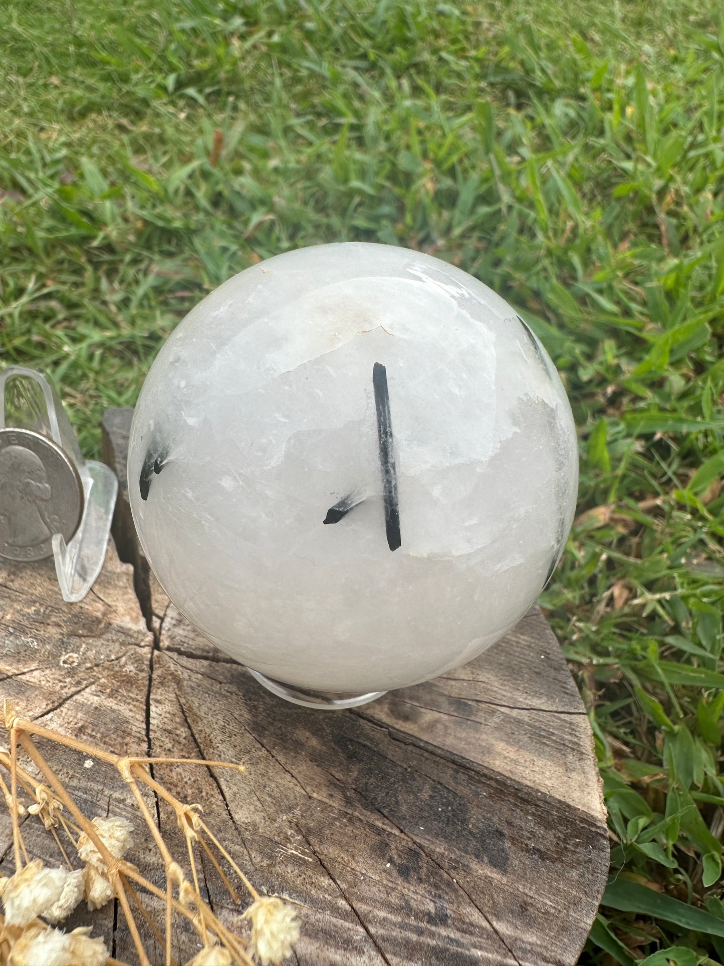 Black tourmaline in quartz sphere