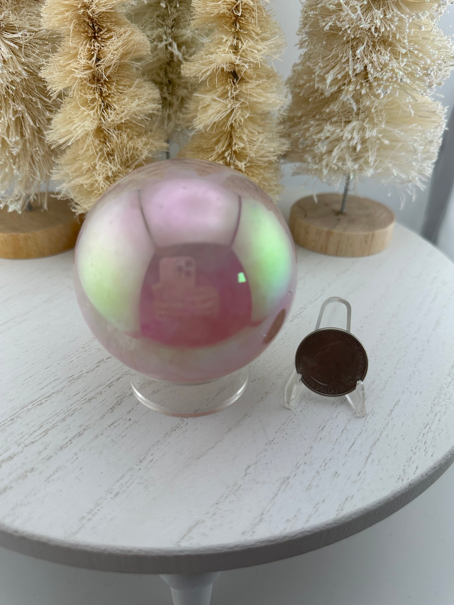 Aura rose quartz Crystal sphere, iridescent rose quartz sphere