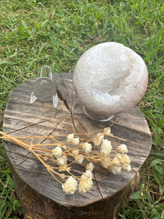 Pink amethyst sphere with druzy