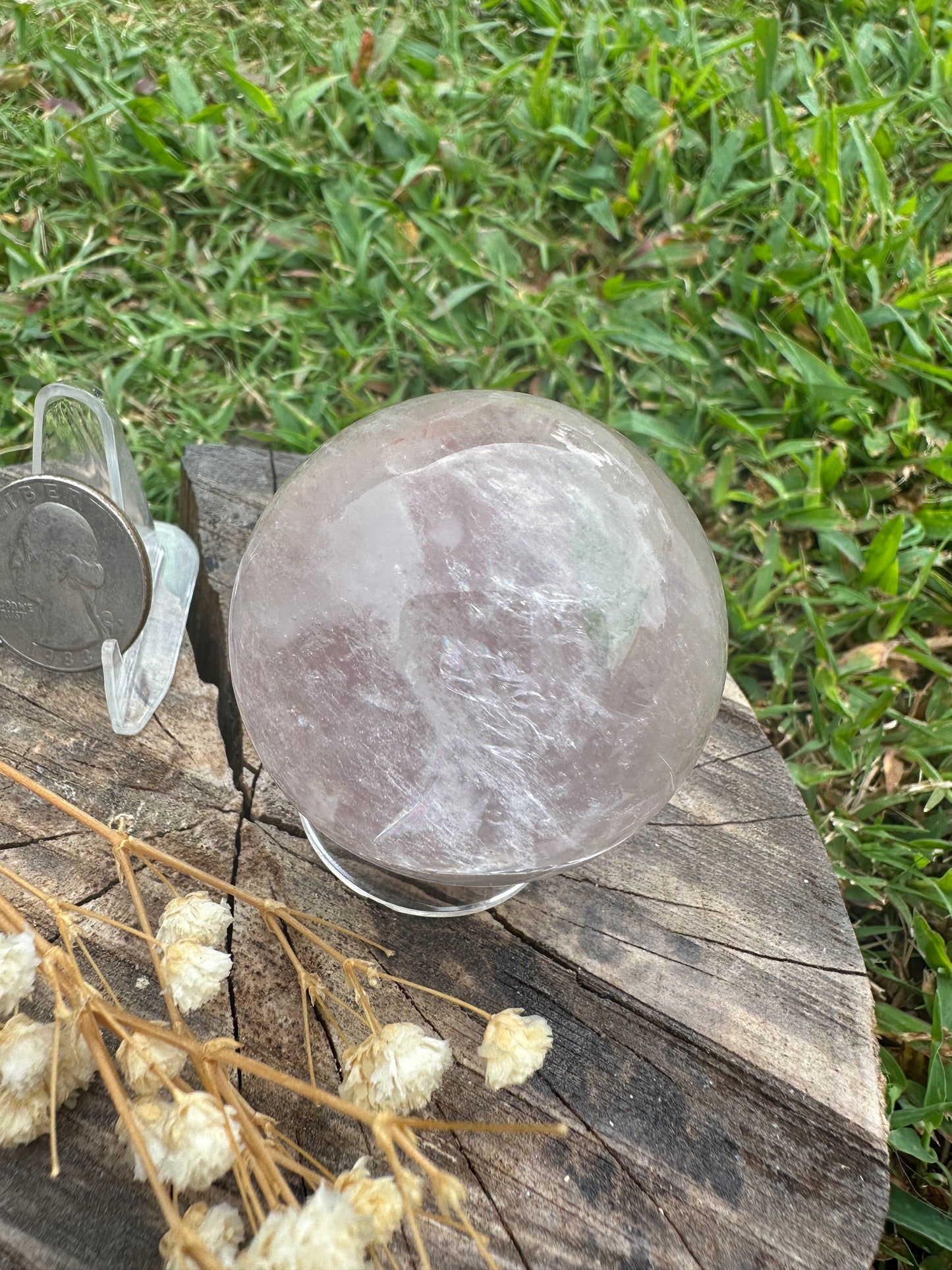 Half clear quartz half flower agate sphere