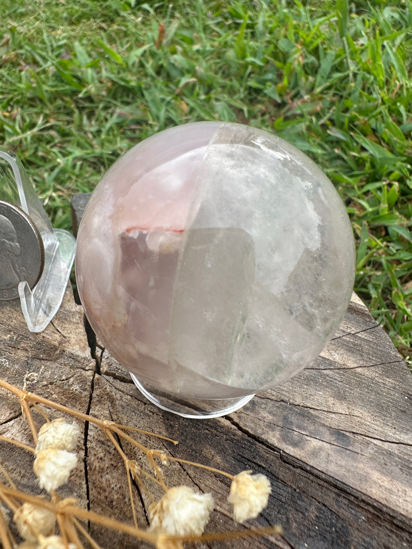 Half clear quartz half flower agate sphere