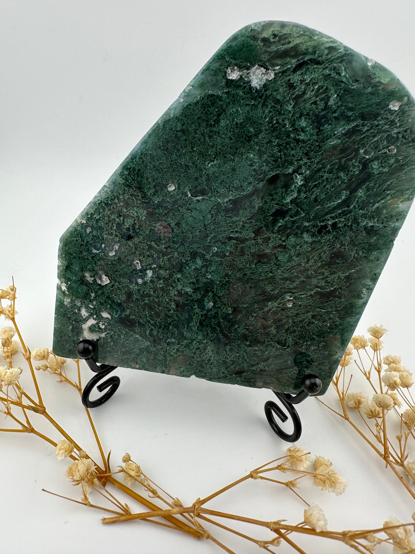 Moss agate slab B with stand