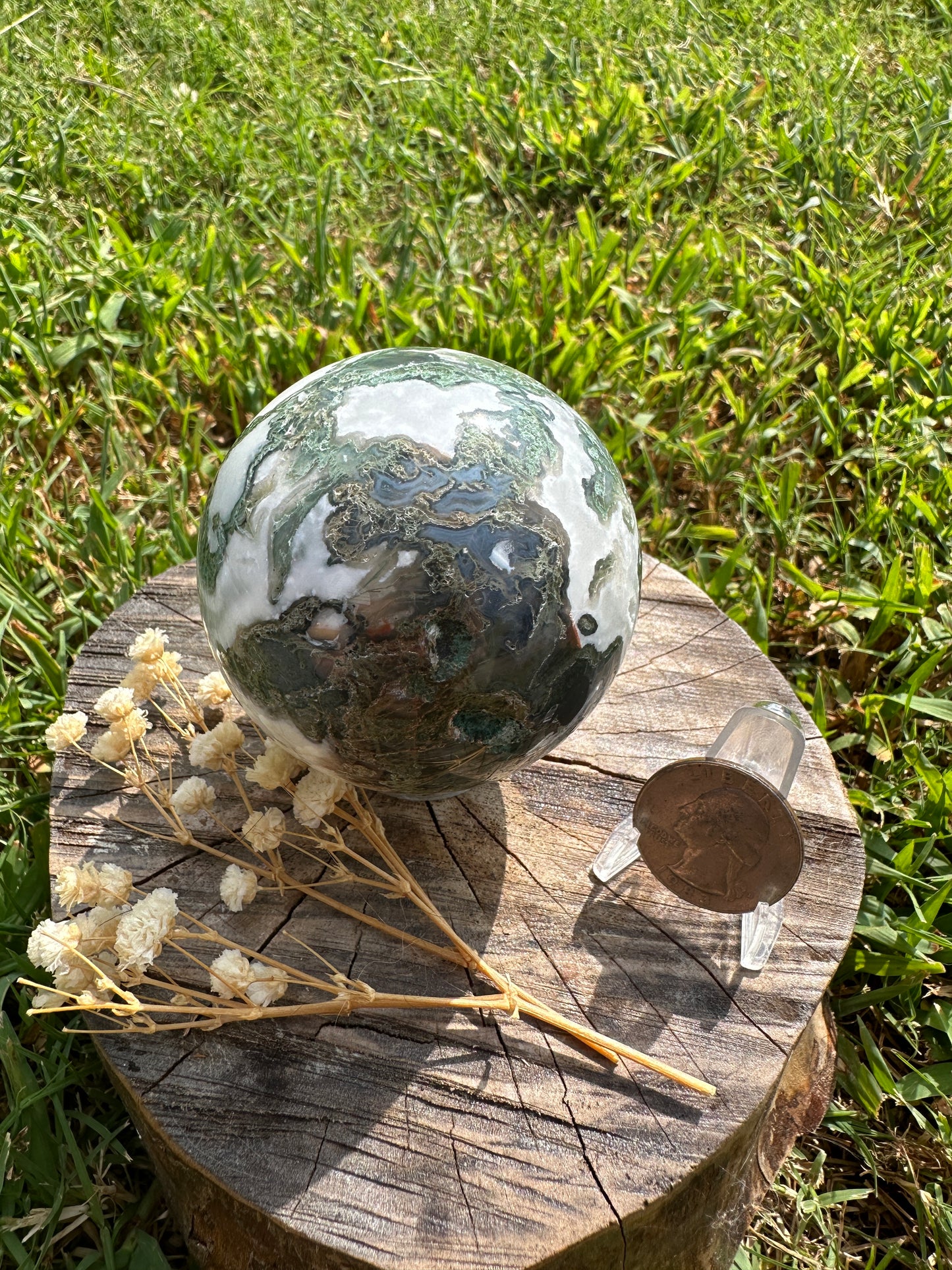 Moss agate sphere with druzy