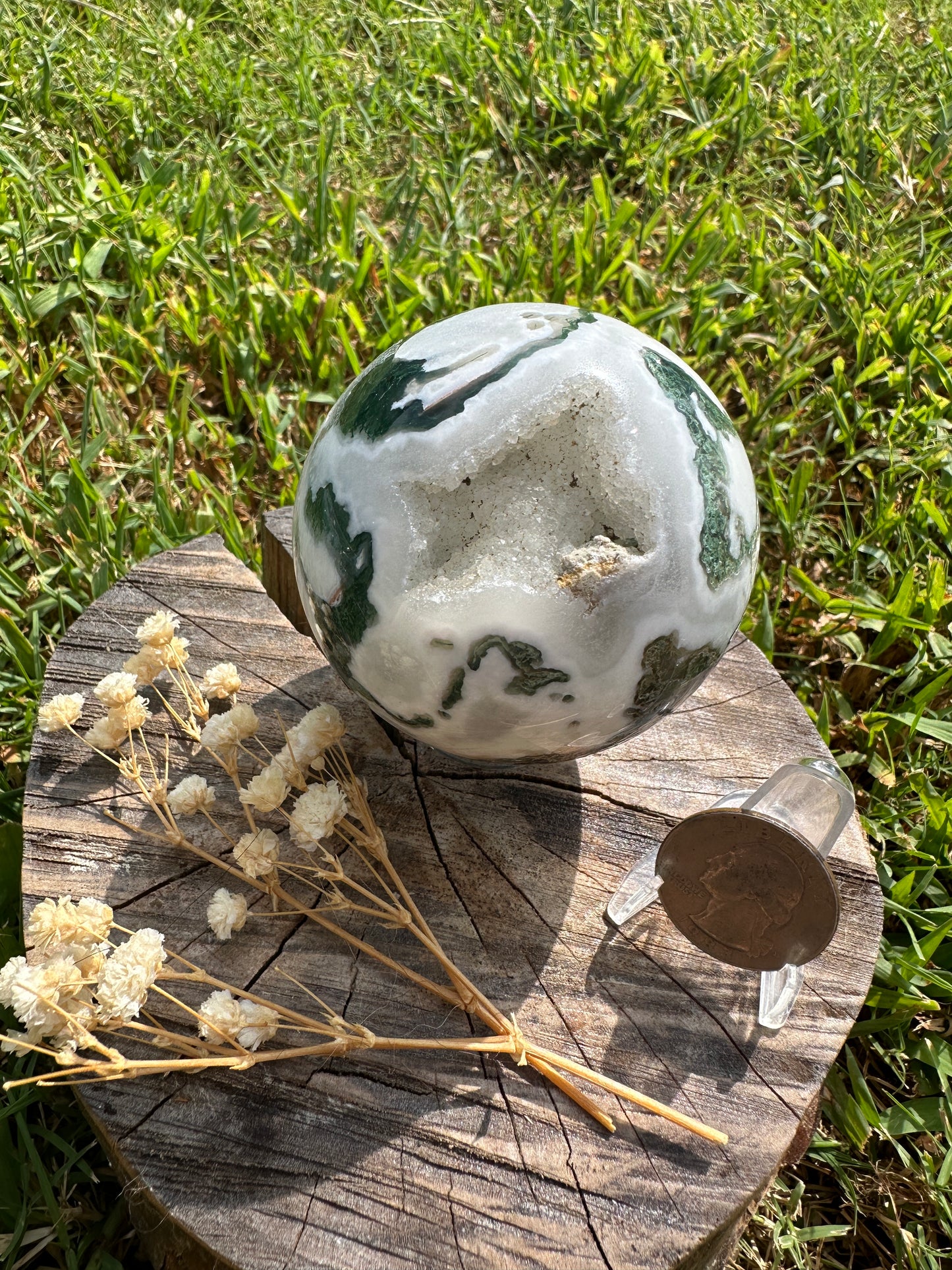 Moss agate sphere with druzy