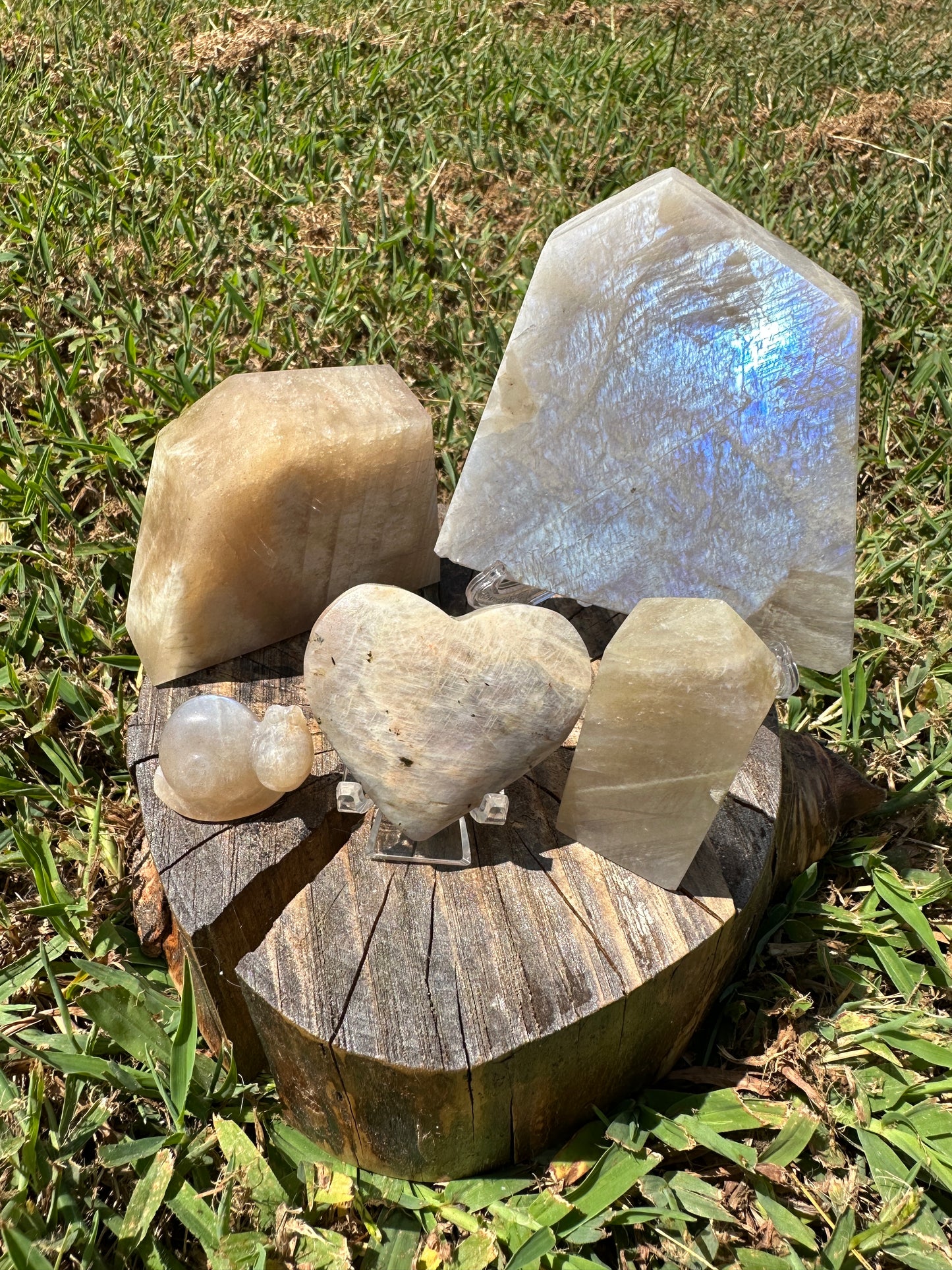 Blue moonstone crystal bundle, blue flash moonstone crystals, moonstone heart, freeform, slab, tower, snail carving