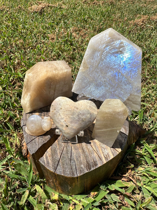 Blue moonstone crystal bundle, blue flash moonstone crystals, moonstone heart, freeform, slab, tower, snail carving