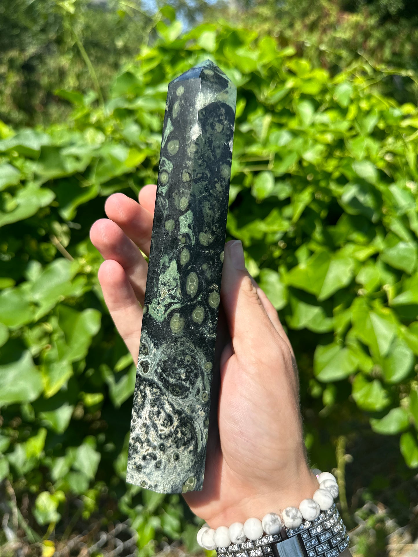 Kambaba Jasper tower, 7.5in green orbicular crystal tower, green kambaba tower