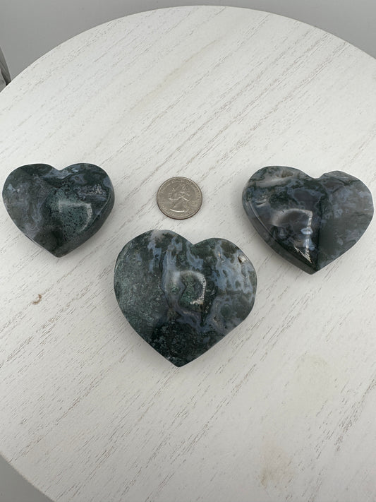 Moss agate heart carvings with druzy