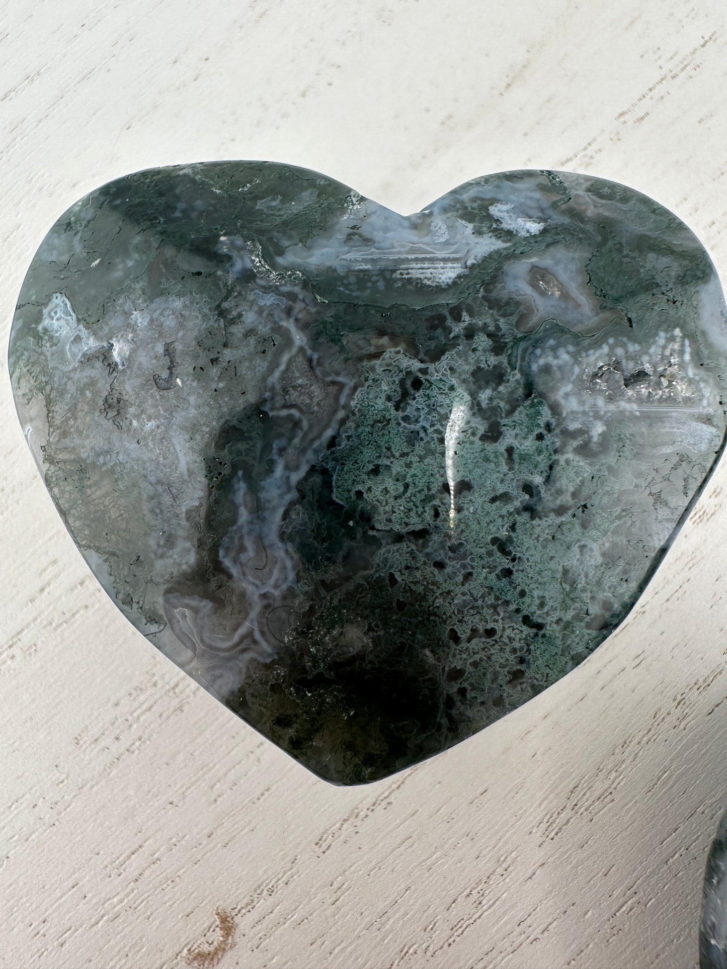 Moss agate heart carvings with druzy