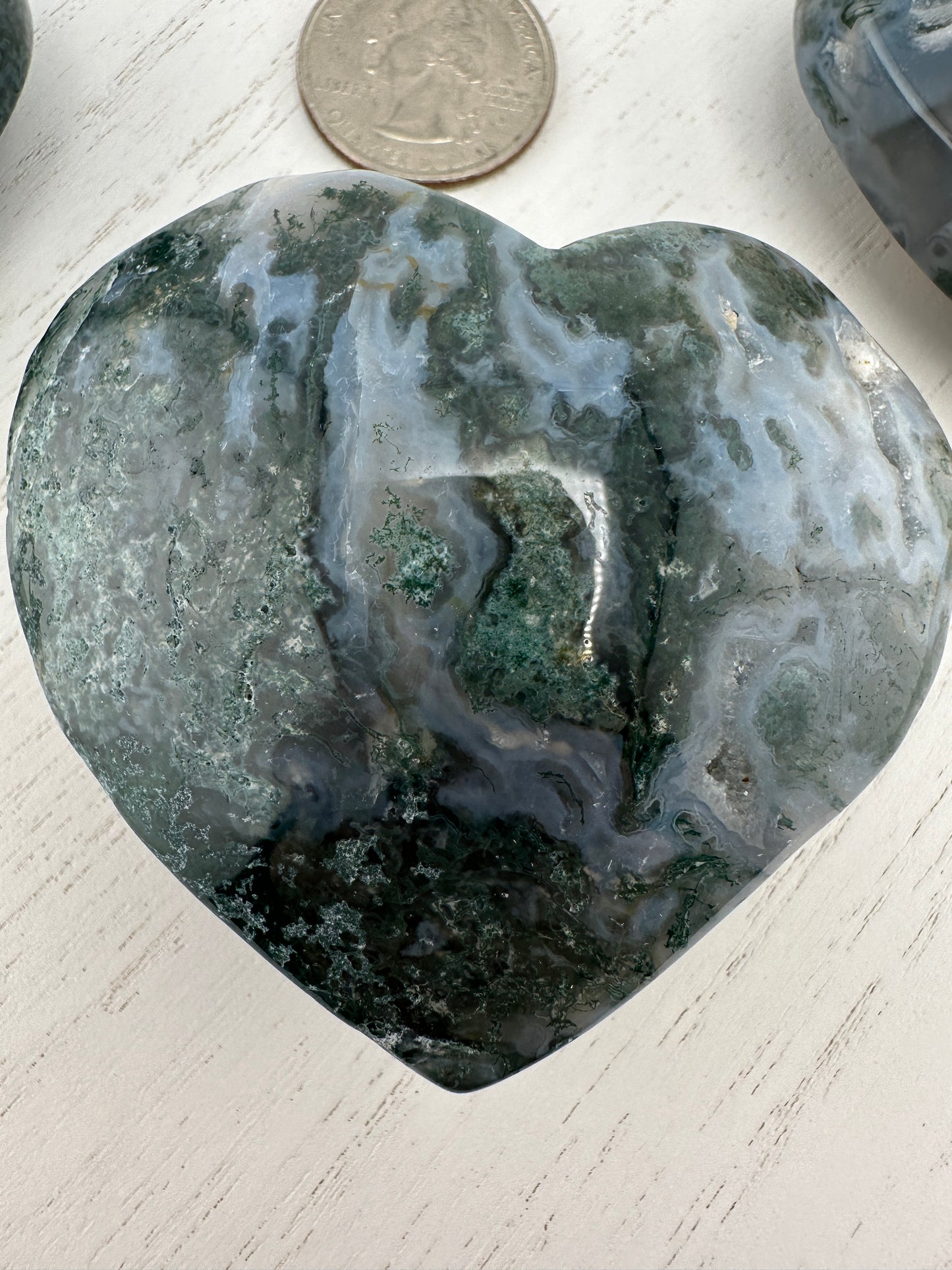 Moss agate heart carvings with druzy