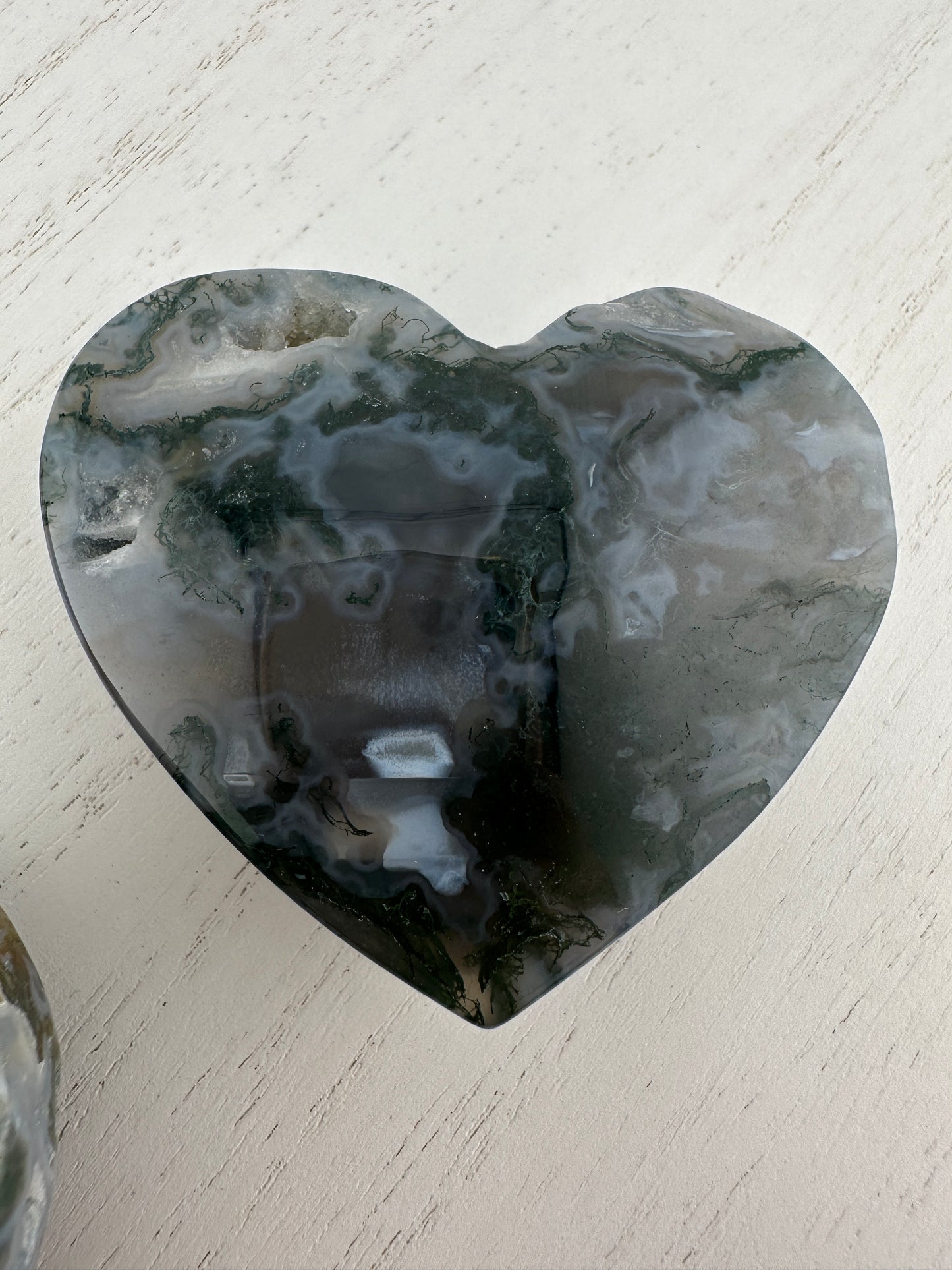 Moss agate heart carvings with druzy