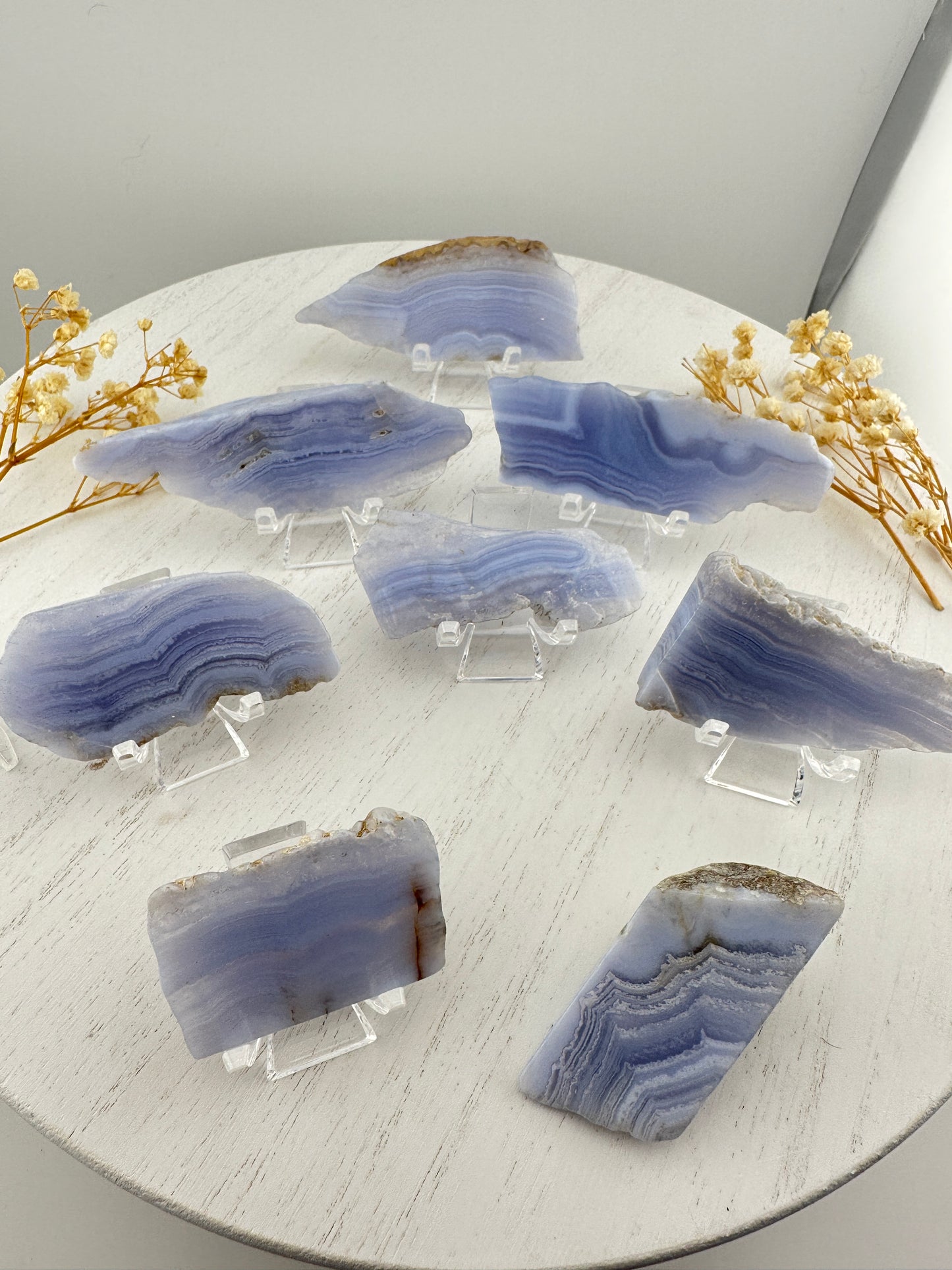 Polished blue lace agate slab pieces