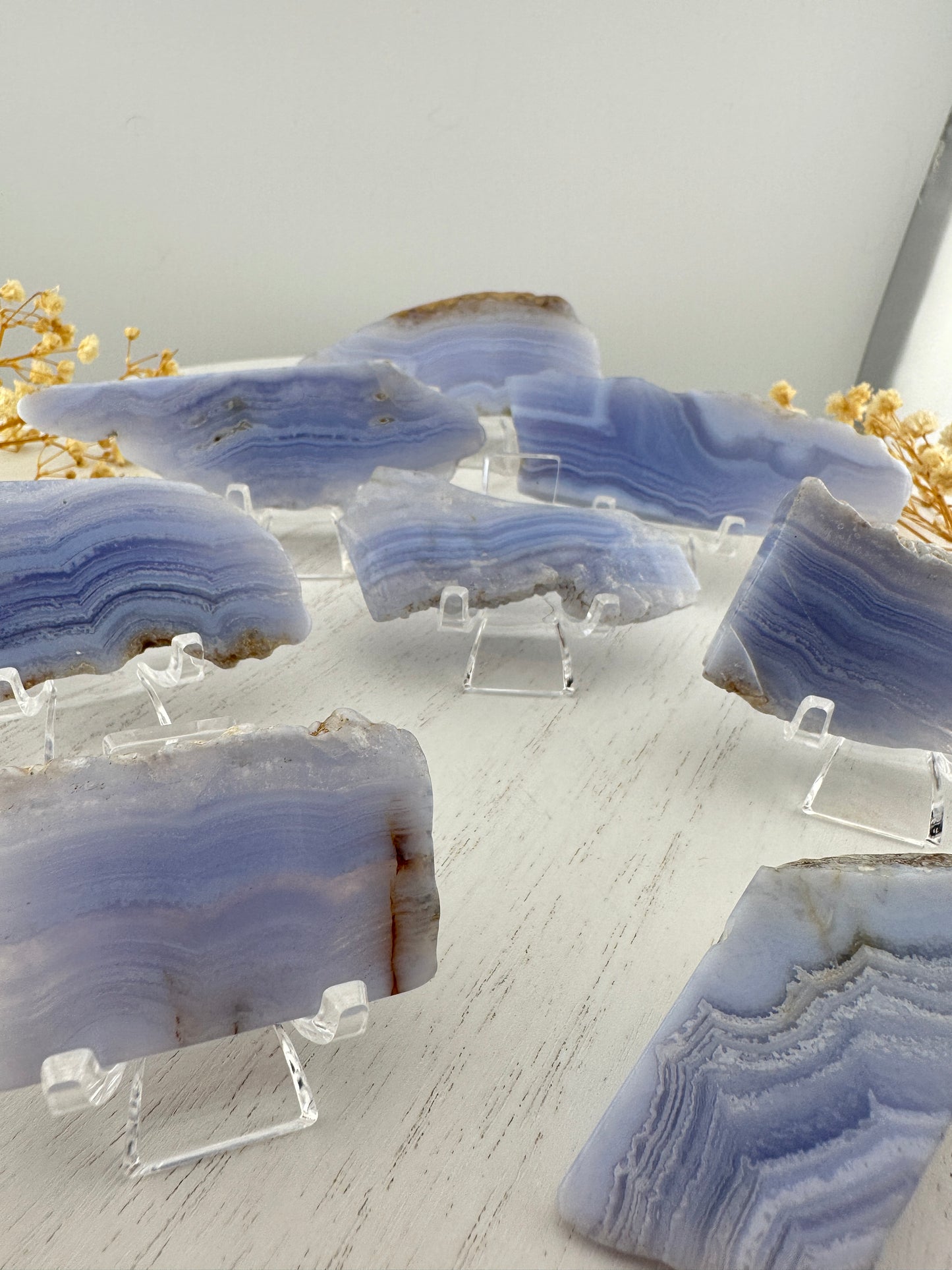 Polished blue lace agate slab pieces