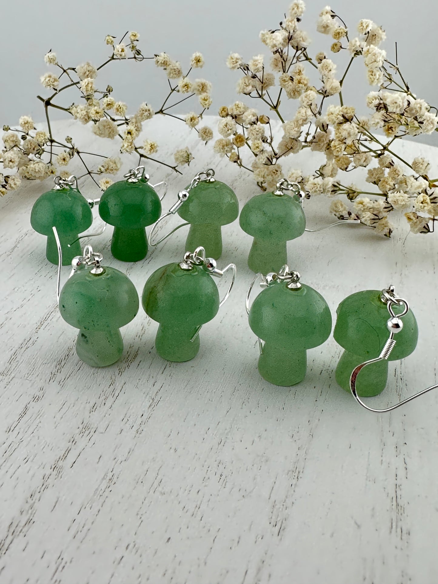 Green aventurine mini mushroom crystal earrings, handmade.