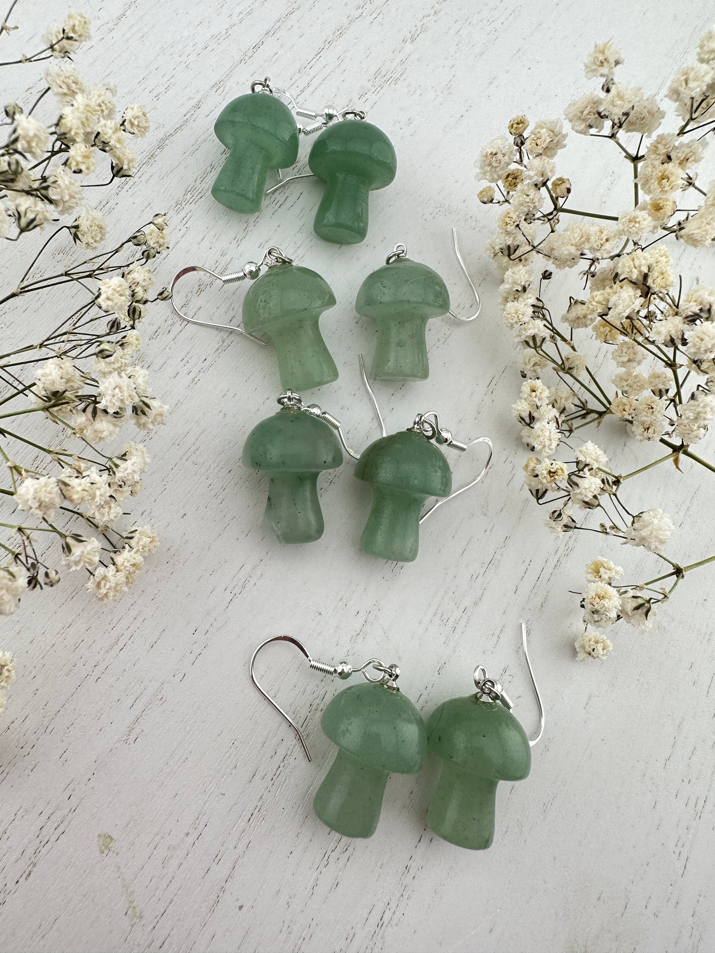 Green aventurine mini mushroom crystal earrings, handmade.