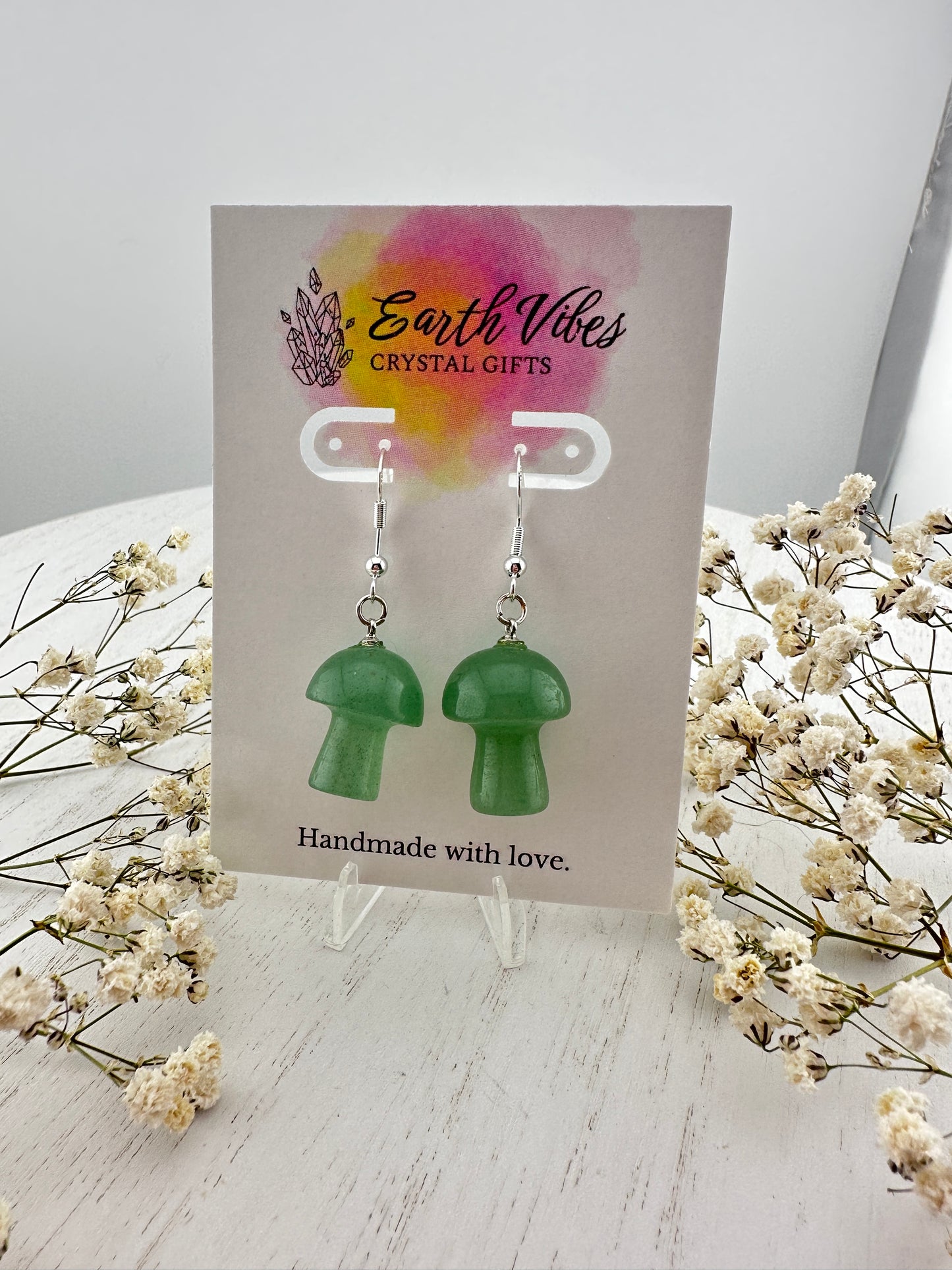 Green aventurine mini mushroom crystal earrings, handmade.