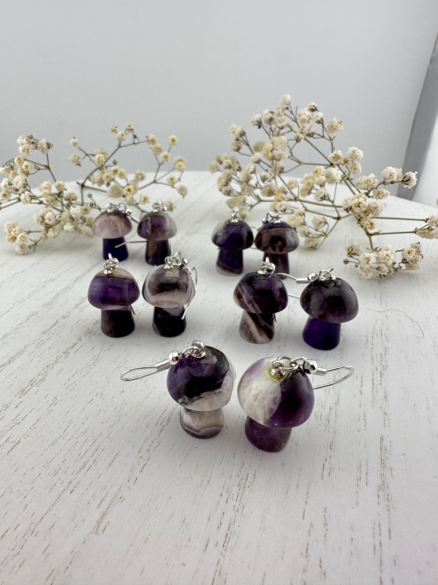 Dream amethyst mini mushroom crystal earrings, handmade.