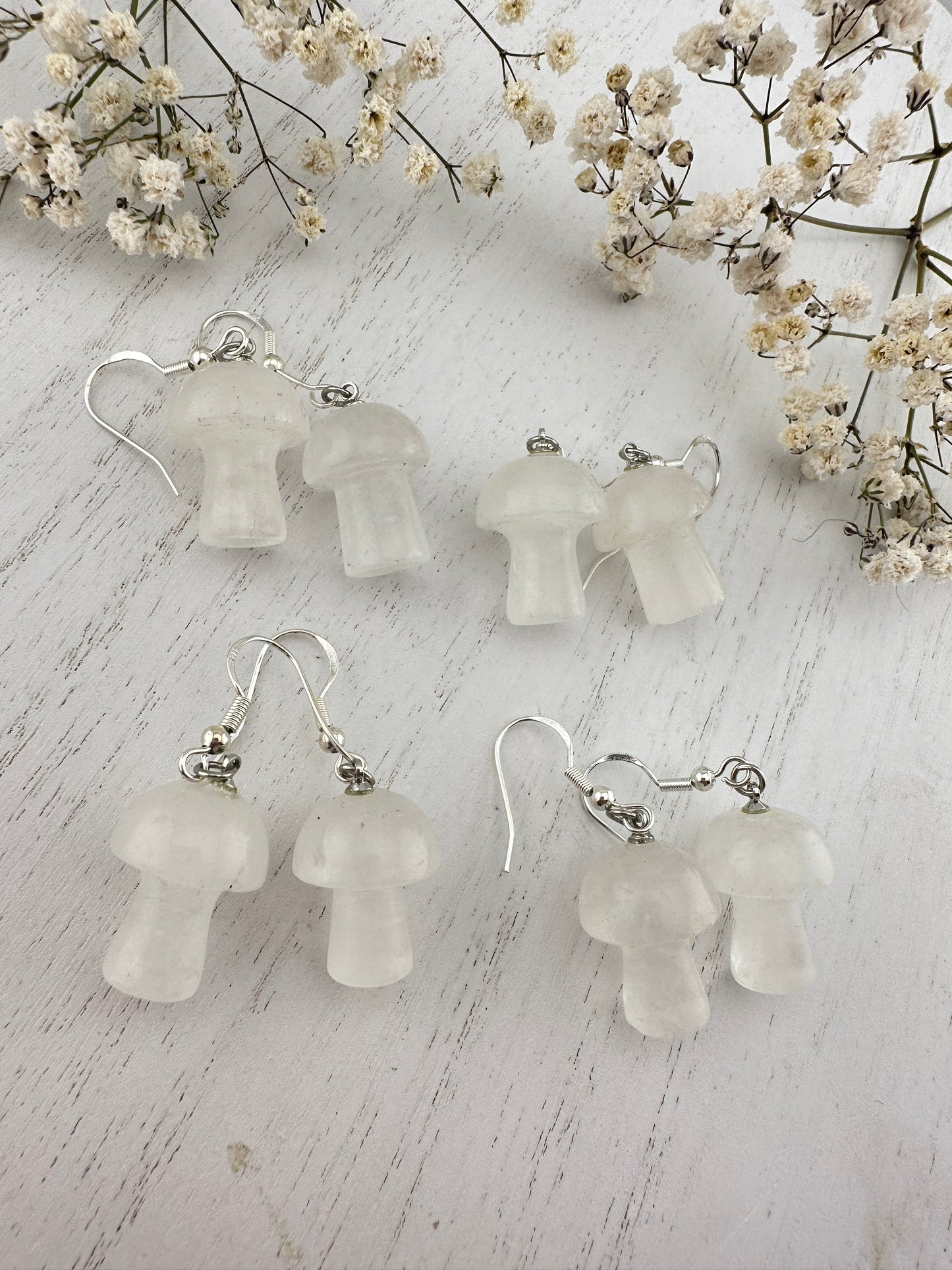 Quartz mini mushroom crystal earrings, handmade.