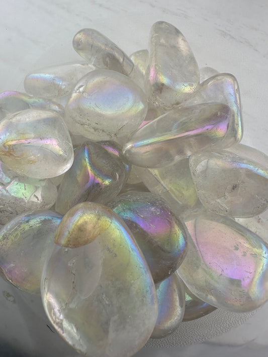 Aura clear quartz tumbles