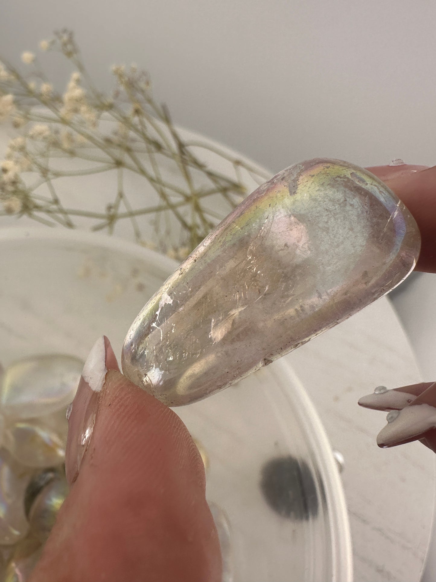 Aura clear quartz tumbles