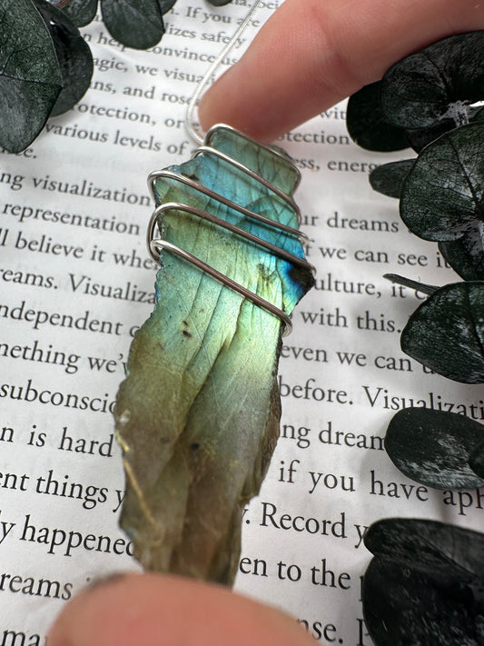 Labradorite wire wrapped pendant with blue green flash, labradorite crystal, polished labradorite, Crystal jewelry