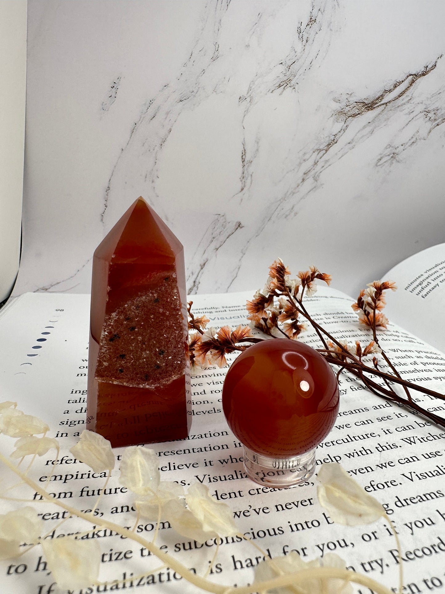 Carnelian druzy tower and sphere bundle, carnelian tower with druzy, carnelian mini sphere, crystal bundle