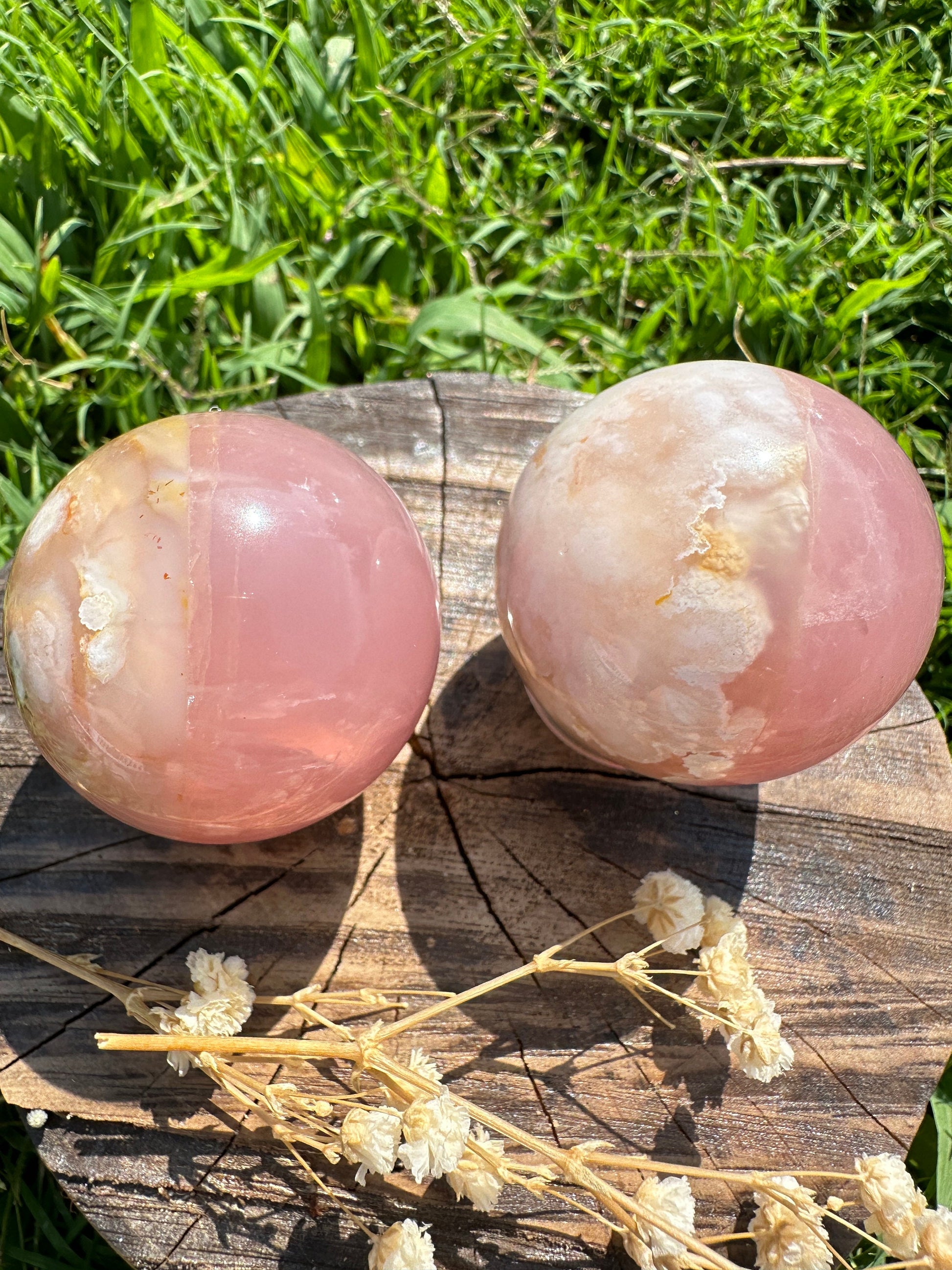 Rose quartz flower agate spheres, half rose quartz half flower agate