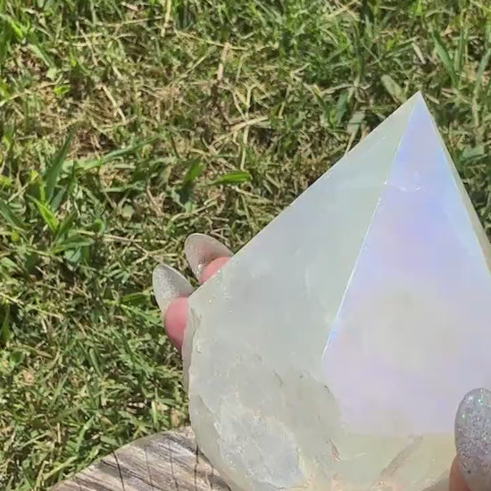 Aura quartz pyramid, aura quartz energy generator, aura quartz polished point, rough pyramid crystal