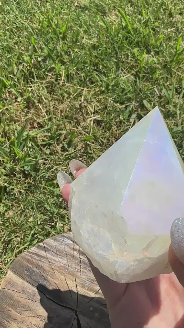 Aura quartz pyramid, aura quartz energy generator, aura quartz polished point, rough pyramid crystal