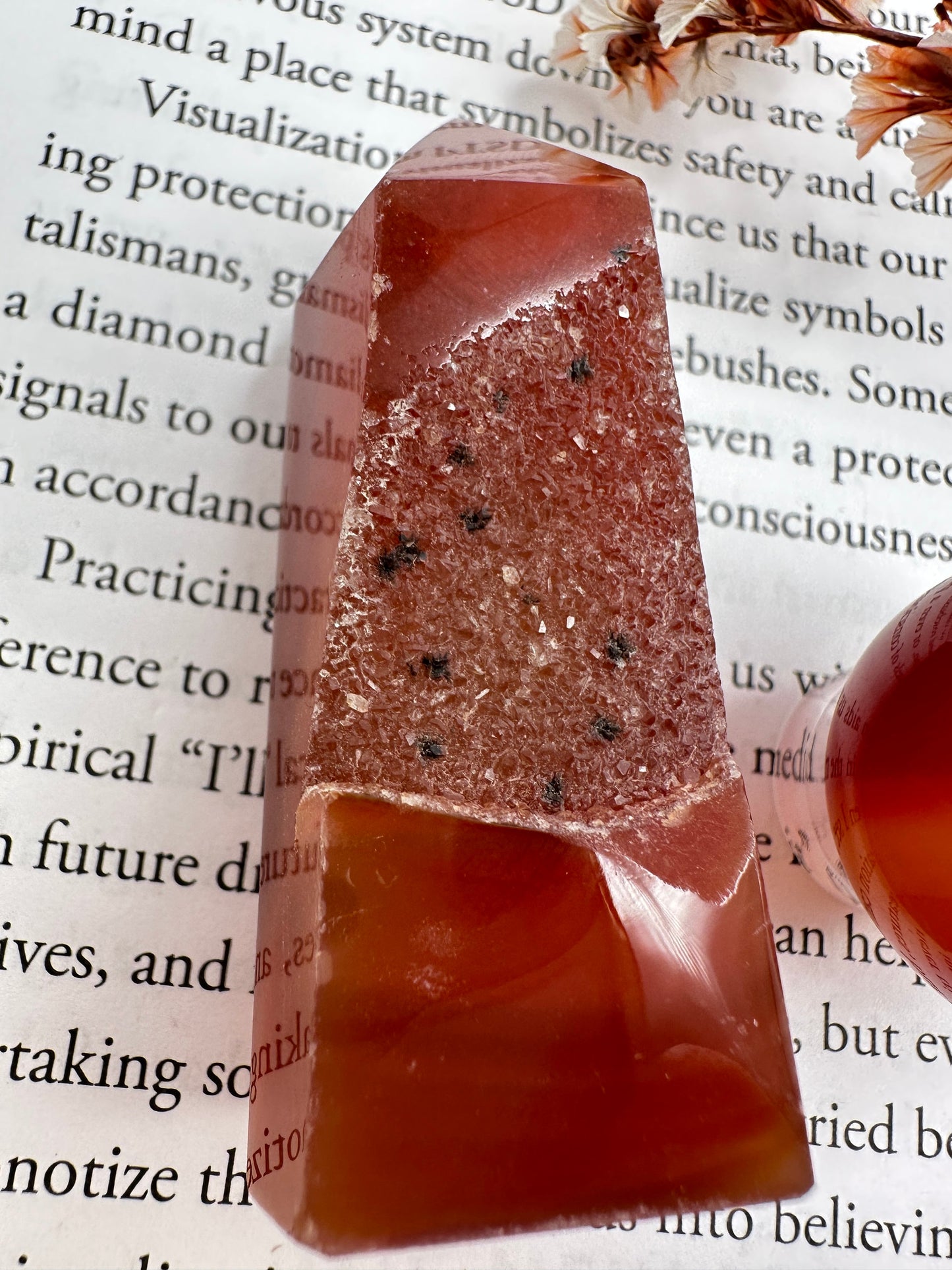 Carnelian druzy tower and sphere bundle, carnelian tower with druzy, carnelian mini sphere, crystal bundle