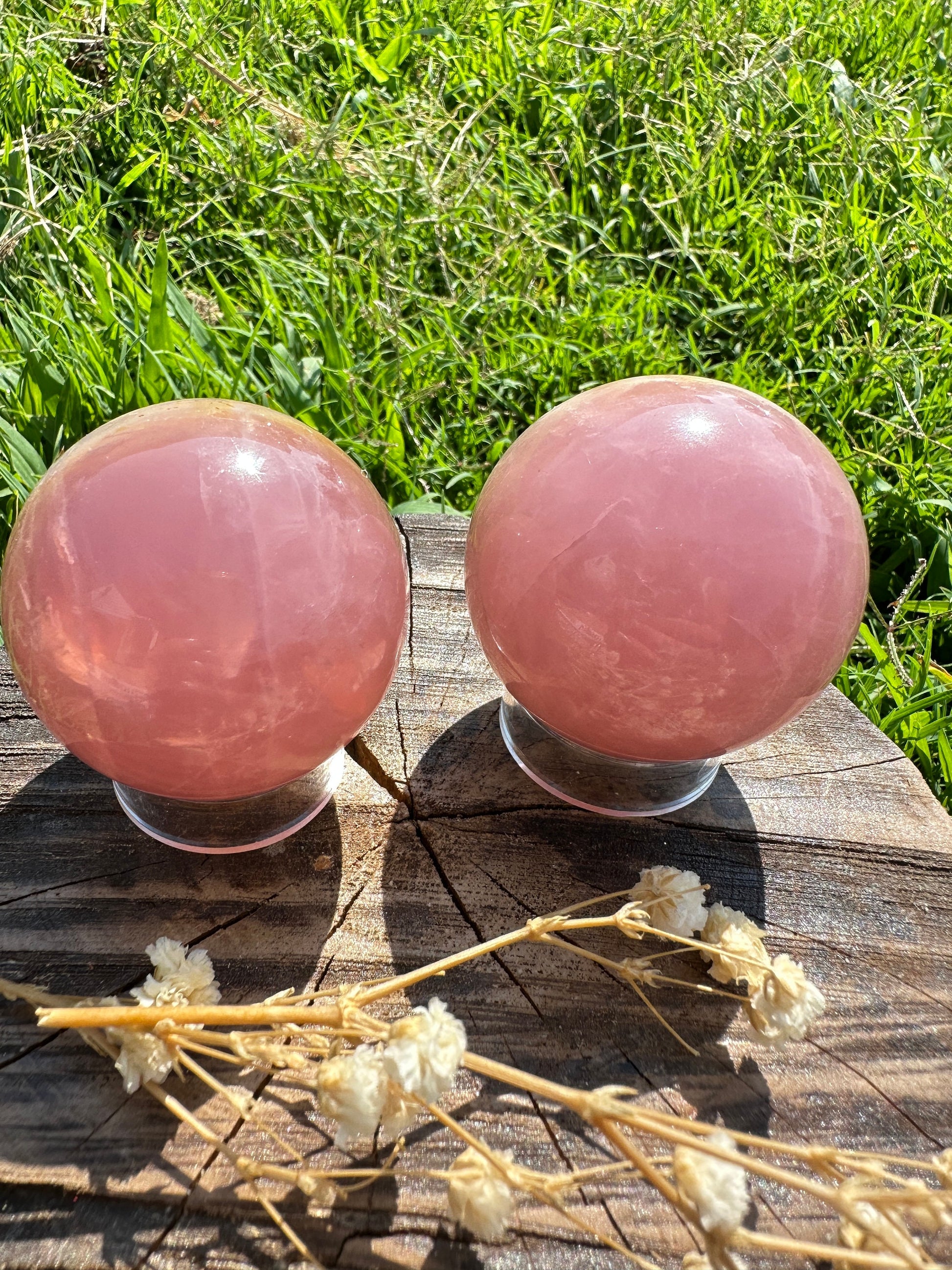 Rose quartz flower agate spheres, half rose quartz half flower agate