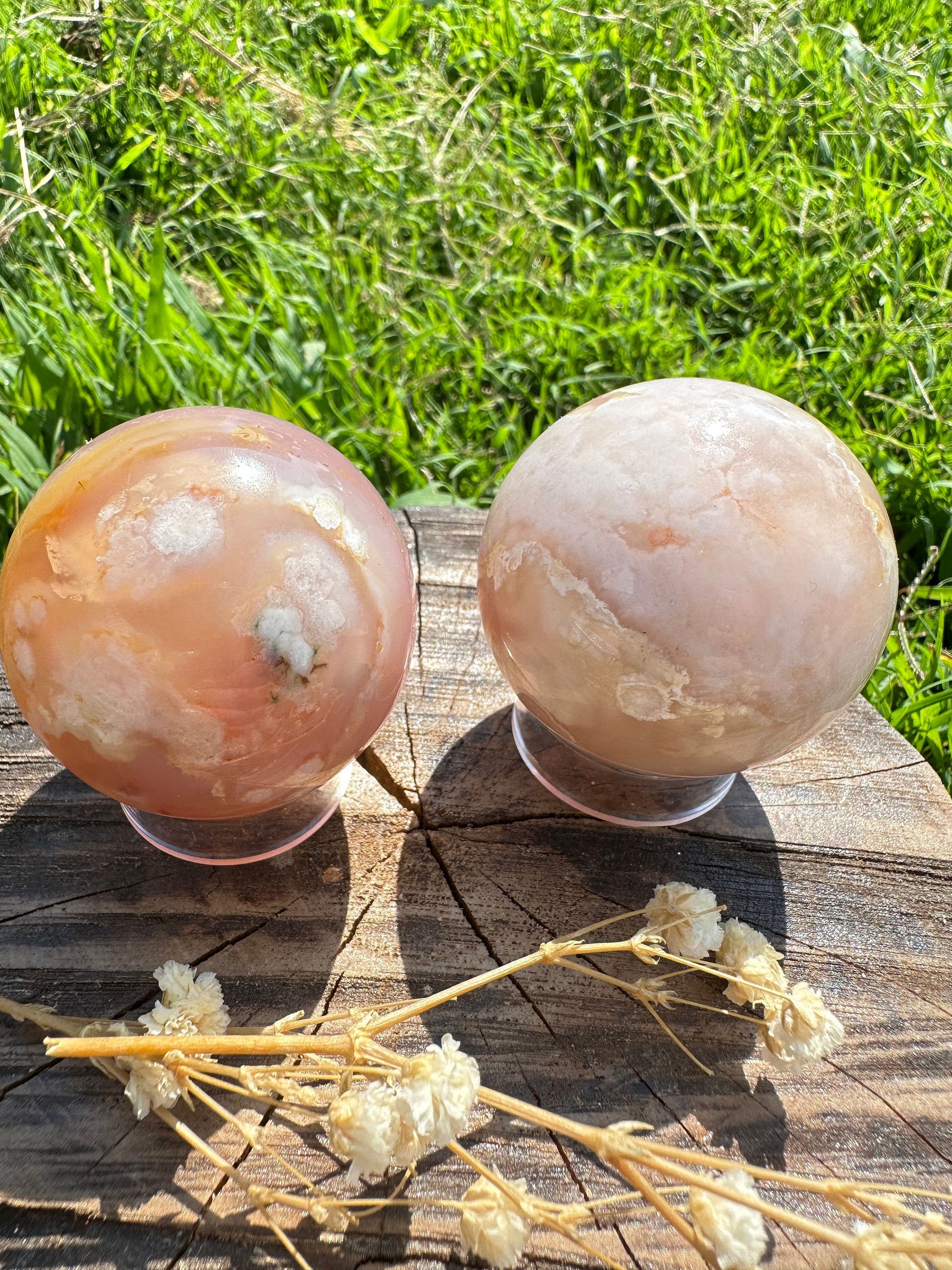 Rose quartz flower agate spheres, half rose quartz half flower agate