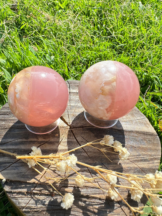 Rose quartz flower agate spheres, half rose quartz half flower agate